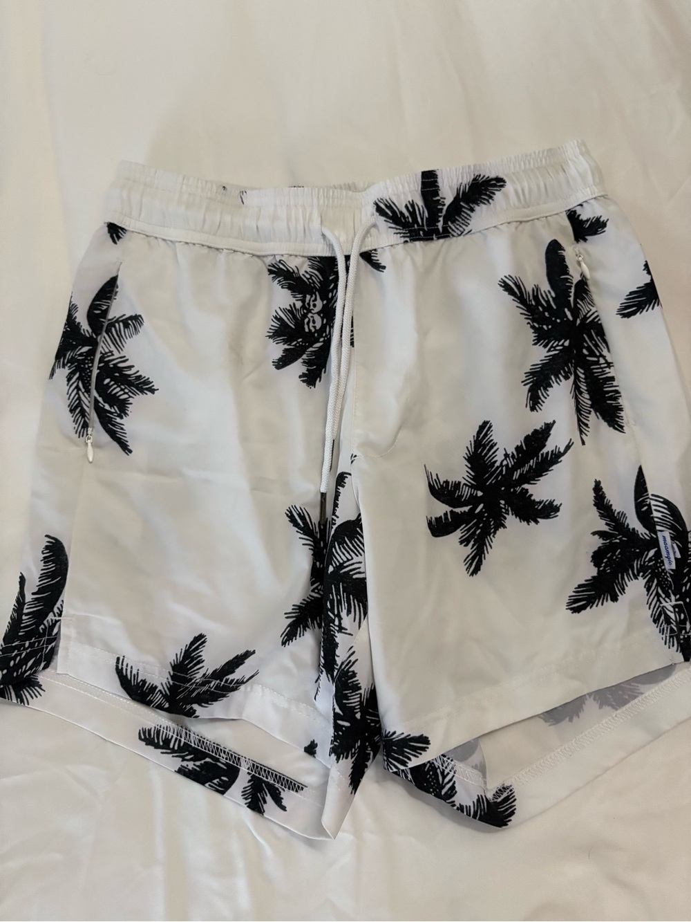 Men's White Swim Board Shorts with Black Palm Print